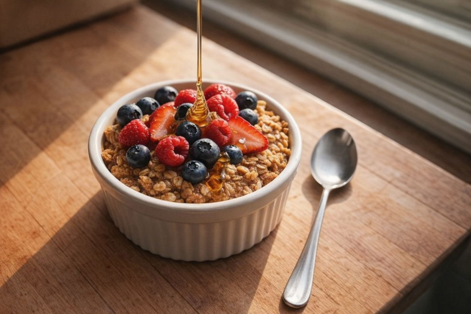 A bird's eye view of a ramekin filled with baked oats, golden brown on top, topped with fresh berries and a drizzle of honey, with a spoon resting beside it, warm morning light